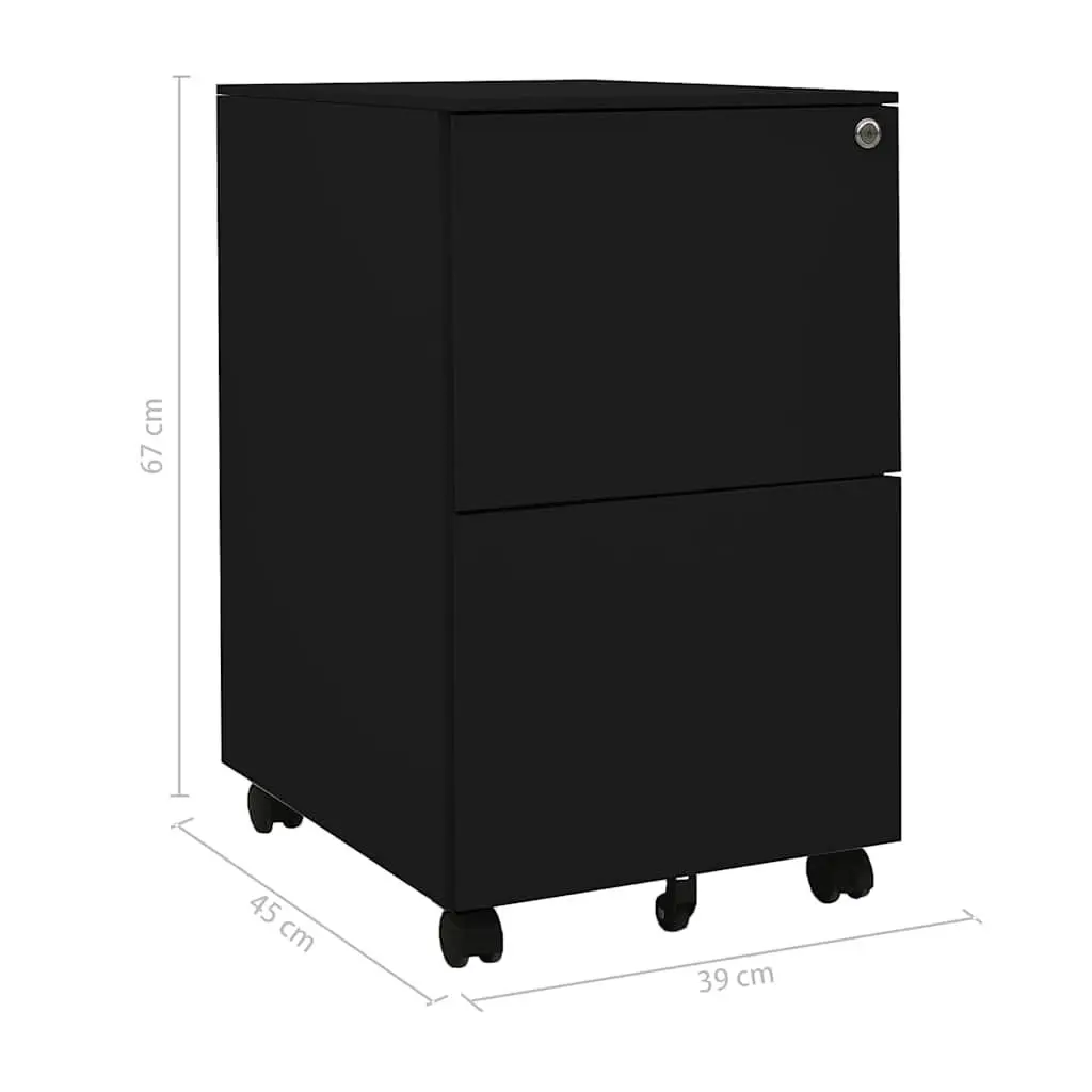 Mobile File Cabinet with 2 Drawers in Black Steel