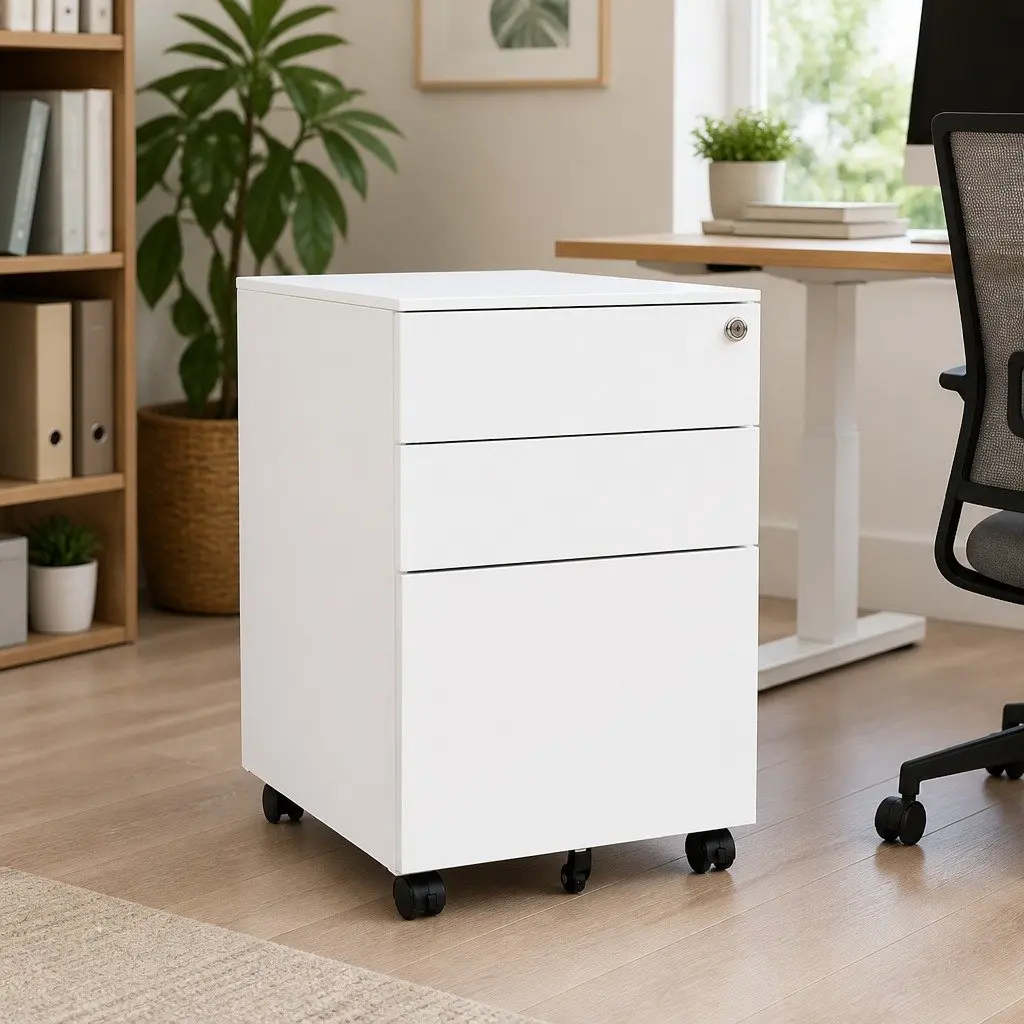 3 Drawer White Mobile File Cabinet for Organized Offices