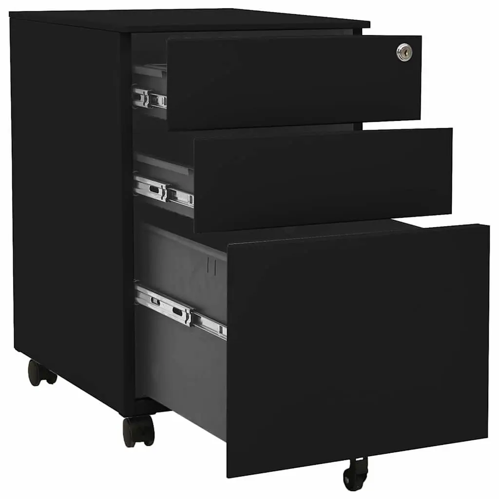 Mobile File Cabinet Black 3 Drawer Steel Office Filing Storage Lockable