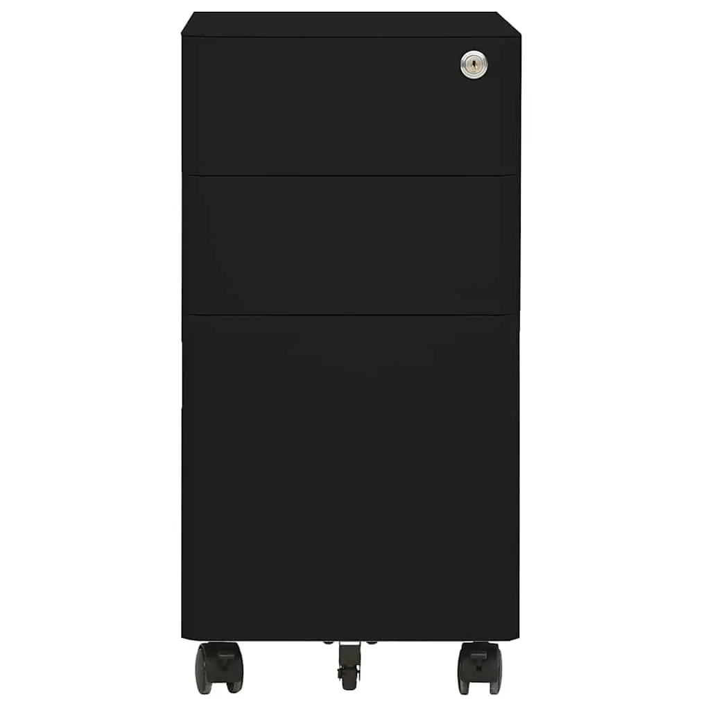 3 Drawer Mobile File Cabinet Black Steel Office Storage with Lock and Wheels