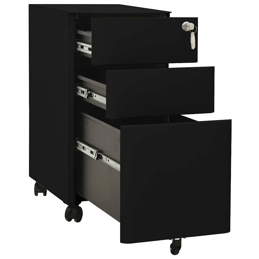 3 Drawer Mobile File Cabinet Black Steel Office Storage with Lock and Wheels