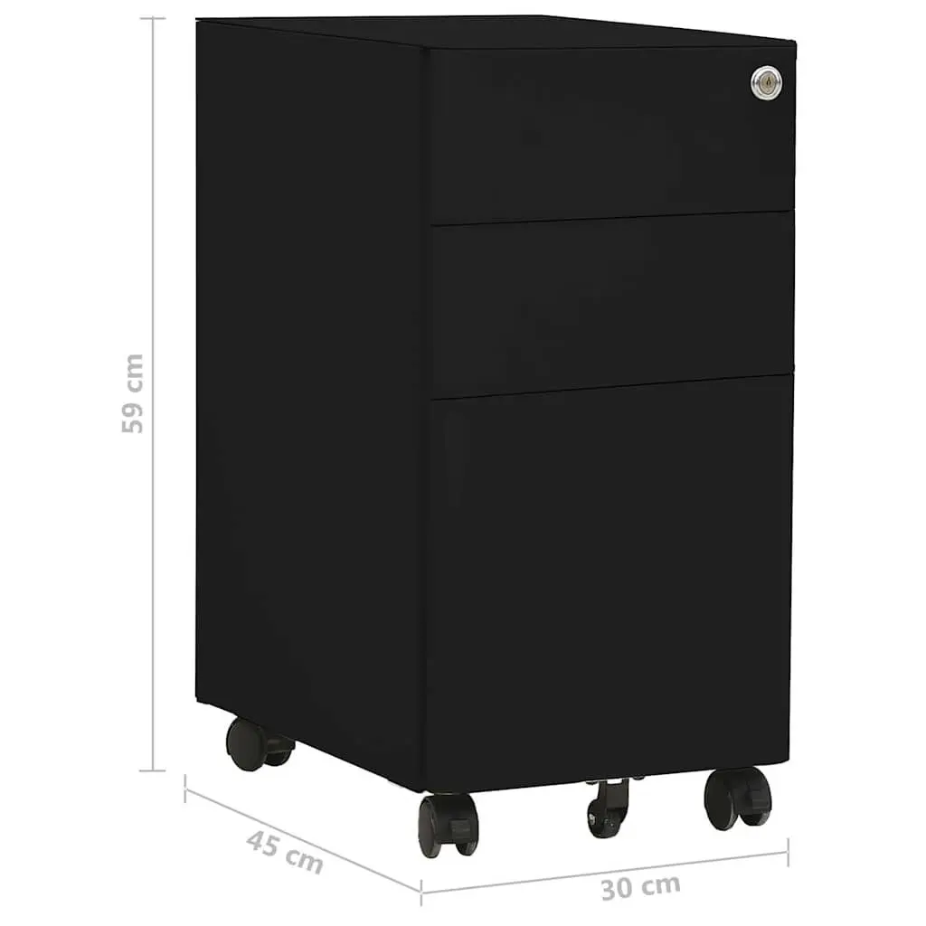3 Drawer Mobile File Cabinet Black Steel Office Storage with Lock and Wheels