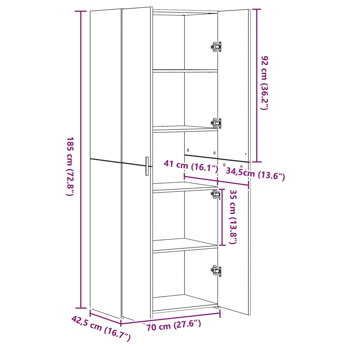 Black Engineered Wood Highboard Storage Cabinet Modern Minimalist 70 x 42.5 x 185 cm