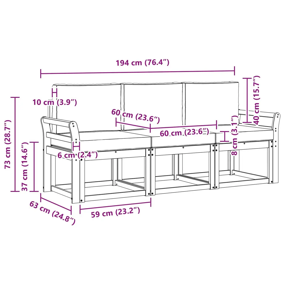 3-Piece Outdoor Sofa Set with Cushions for Gardens