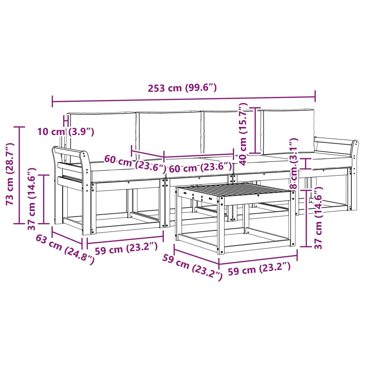 5 Piece Brown Acacia Wood Outdoor Sofa Set with Cushions