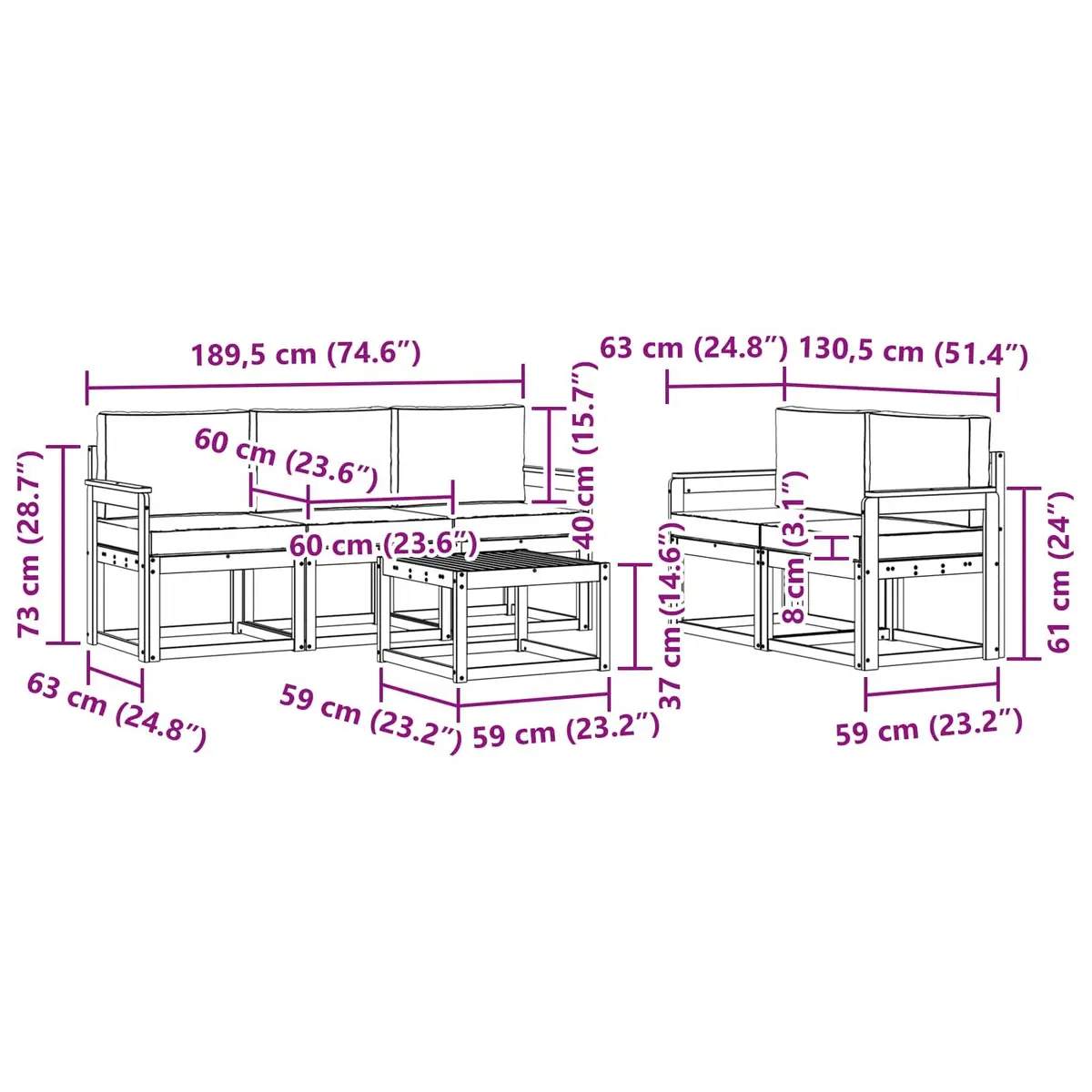 6 Piece Modular Outdoor Sofa Set with Cushions