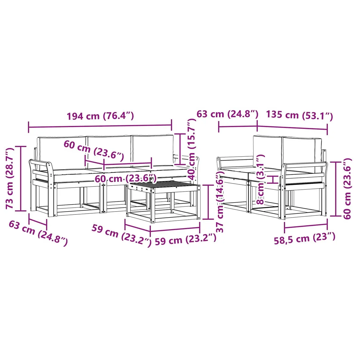 6-Piece Outdoor Sofa Set in Solid Acacia Wood