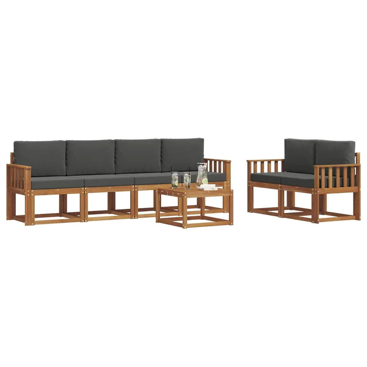 Outdoor Sofa Set Modern Slatted 7 Piece Acacia Wood with Brown Cushions