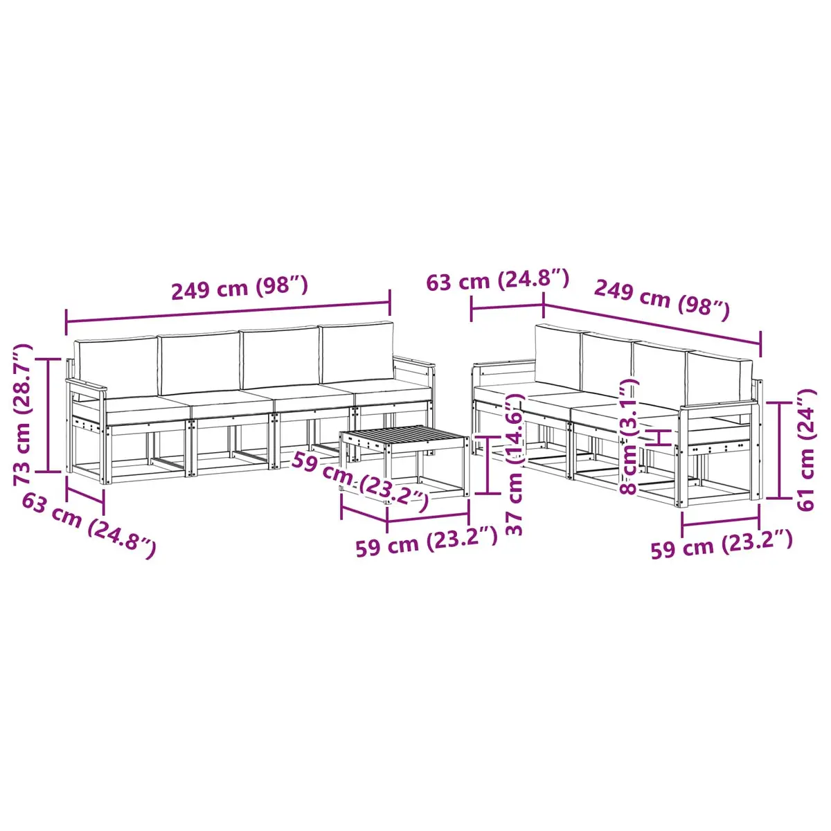 Outdoor Sectional Sofa Set Brown 9 Piece Solid Acacia Wood with Cushions