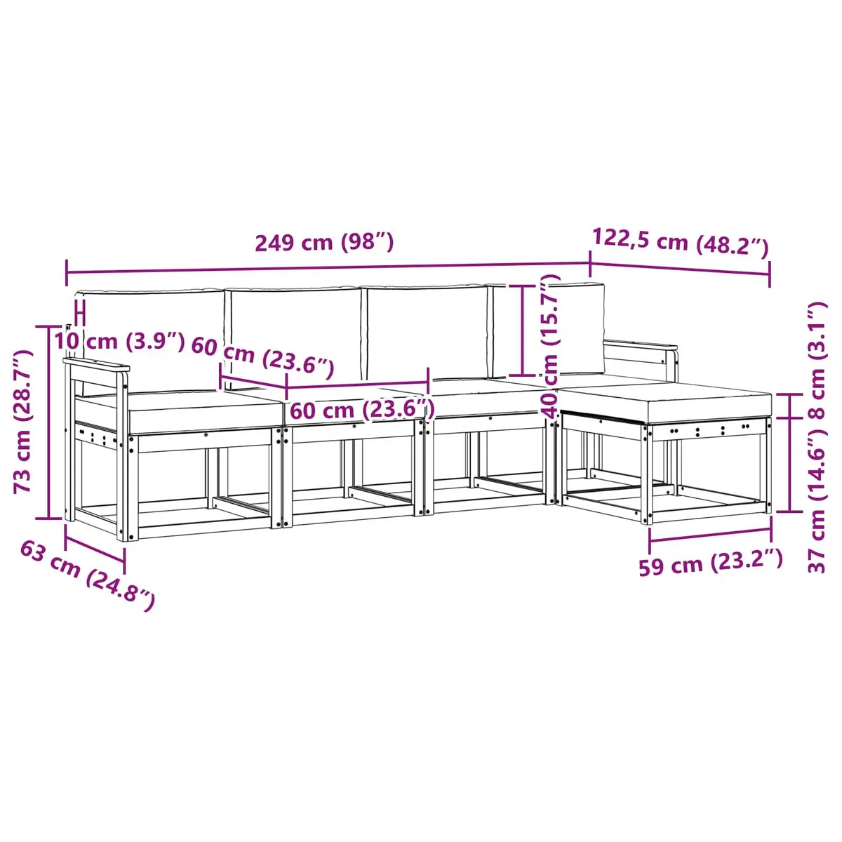 Outdoor Sectional Sofa Set Minimalist 5 Piece Solid Acacia Wood Garden Lounge Furniture
