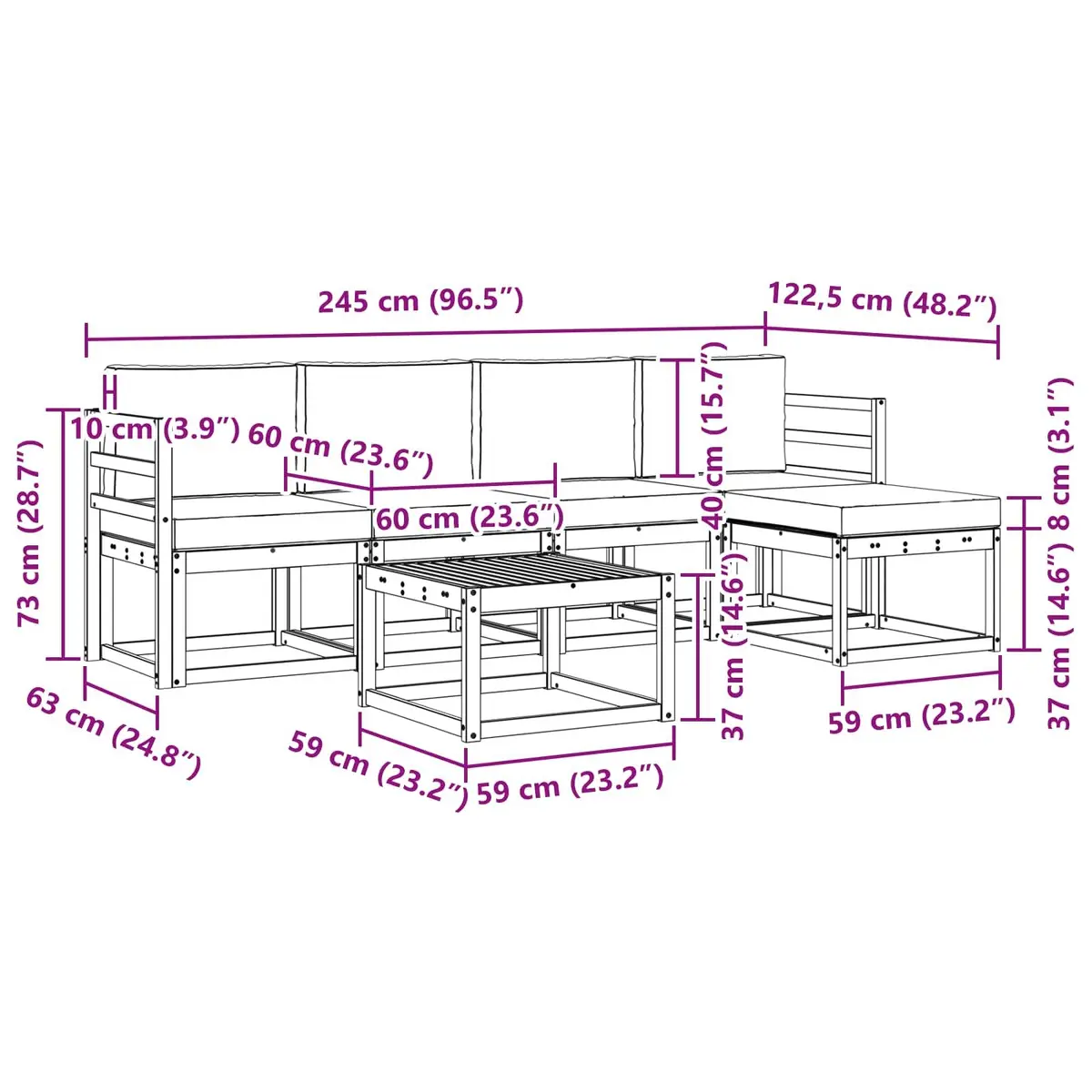 Outdoor Sectional Sofa Set Contemporary 6 Piece Solid Acacia Wood with Cushions