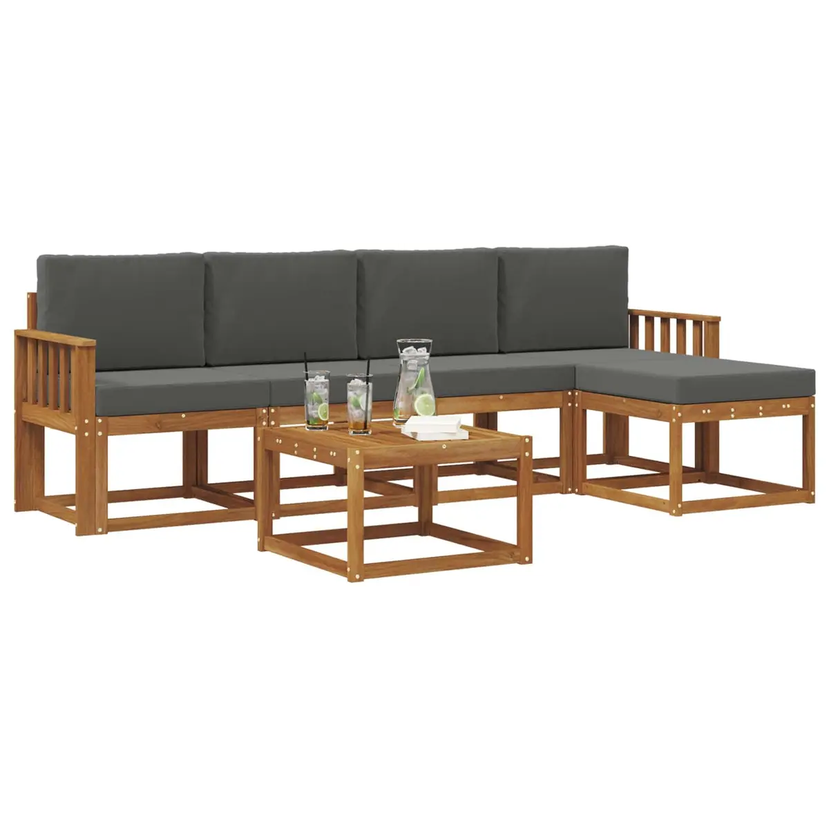 Outdoor Sectional Sofa Set Natural Wood Finish 6 Piece Solid Acacia Garden Patio Furniture with Cushions