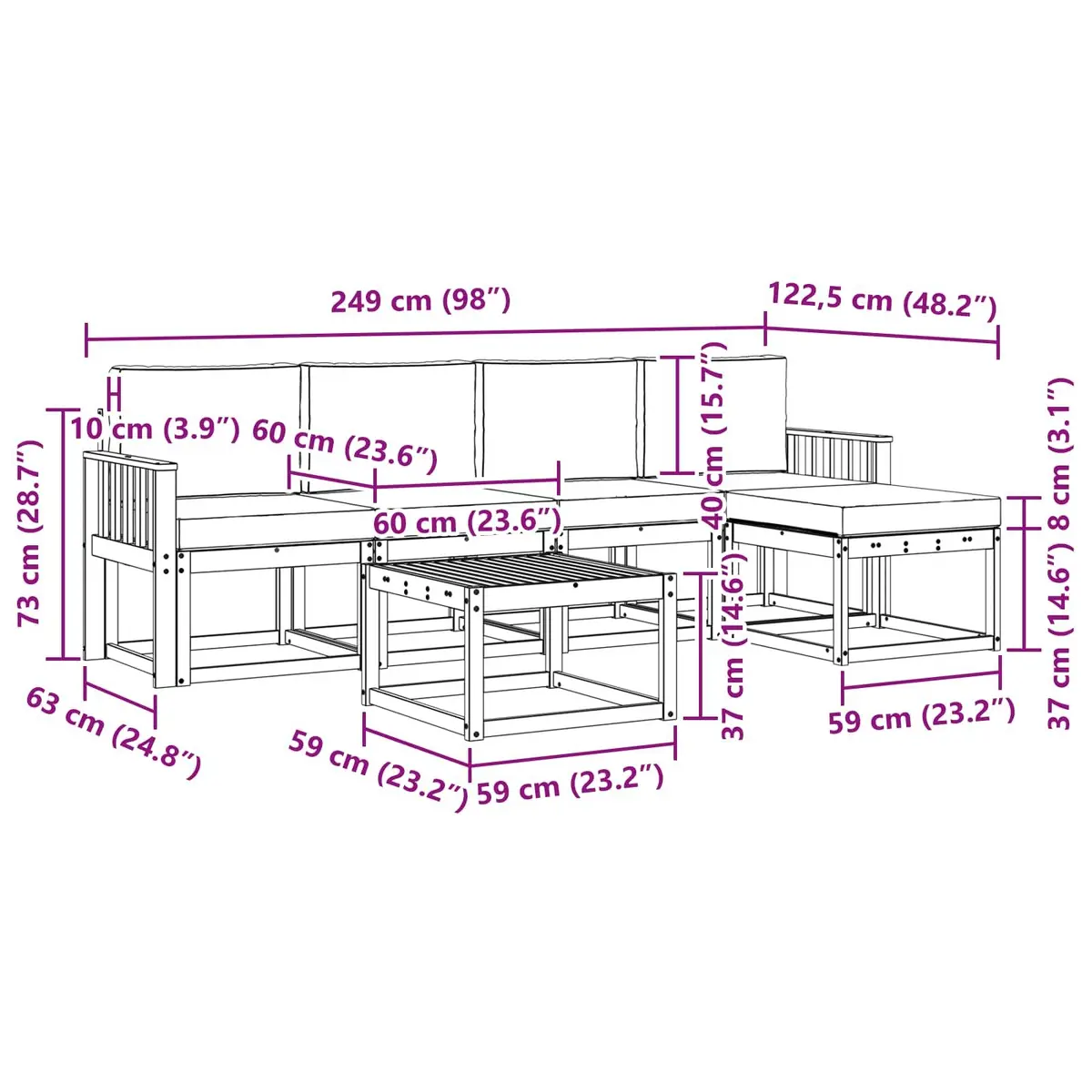 Outdoor Sectional Sofa Set Natural Wood Finish 6 Piece Solid Acacia Garden Patio Furniture with Cushions