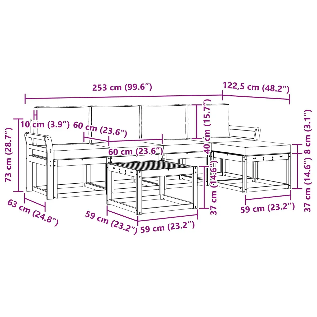 Outdoor Sectional Sofa Set Modern 6 Piece Solid Acacia Wood Garden Furniture