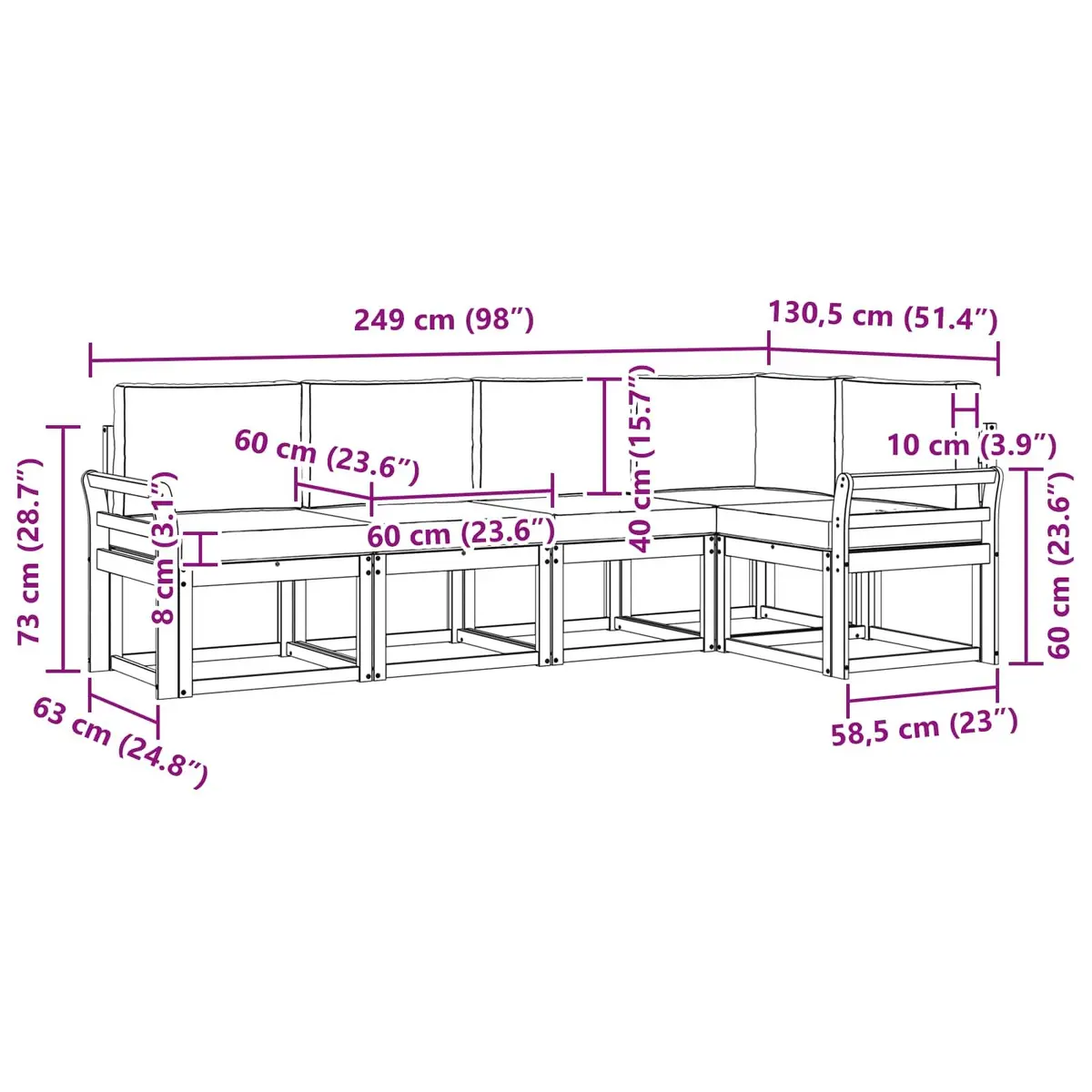 Outdoor Sofa Set Modern Brown 5 Piece Solid Acacia Wood Garden Furniture