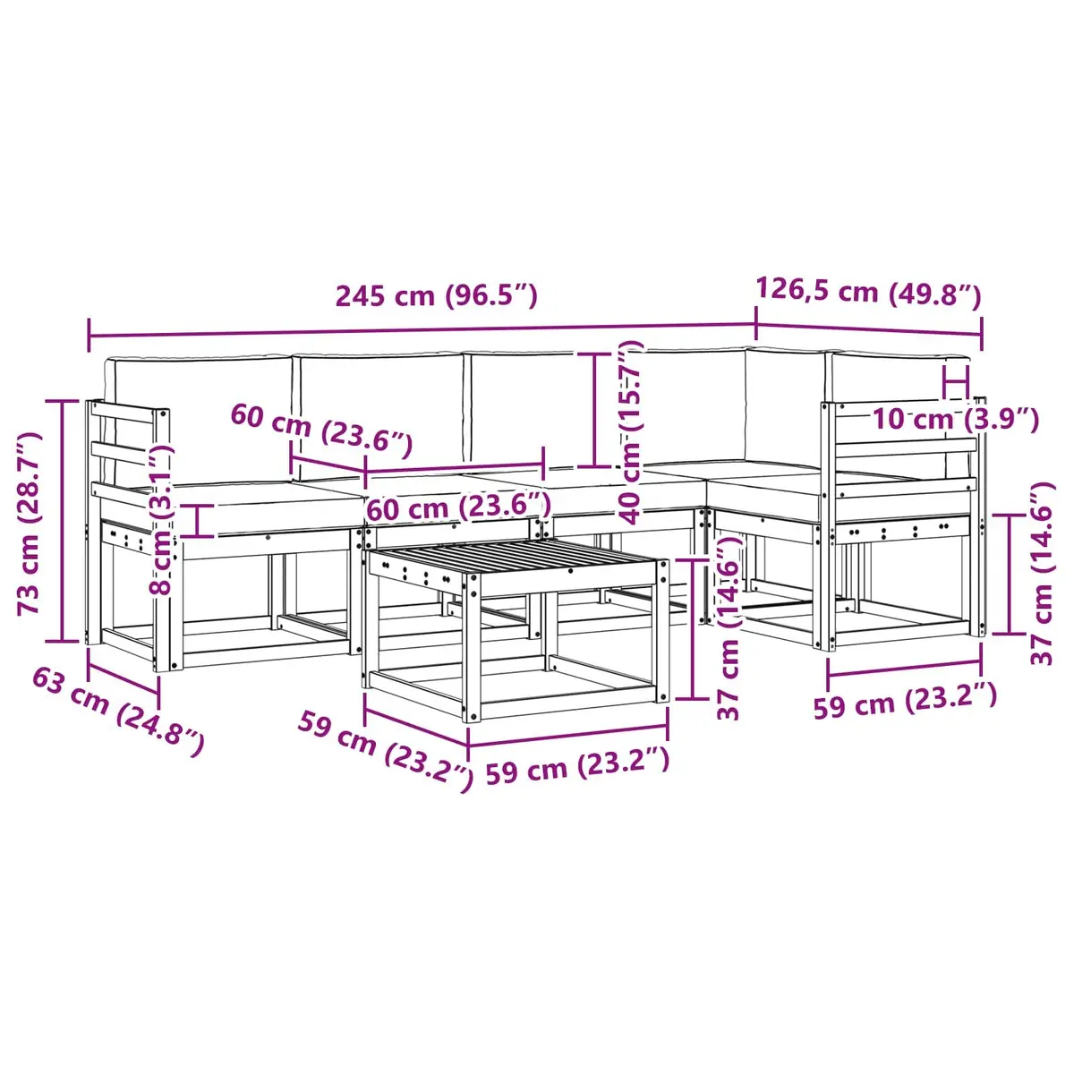 Outdoor Sofa Set Modern 6 Piece Modular Acacia Wood with Cushions