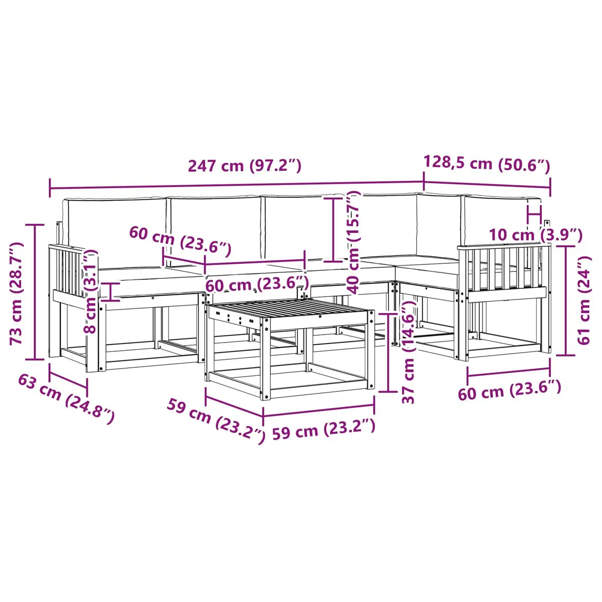 Outdoor Sofa Set Modern 6 Piece Brown Acacia Wood