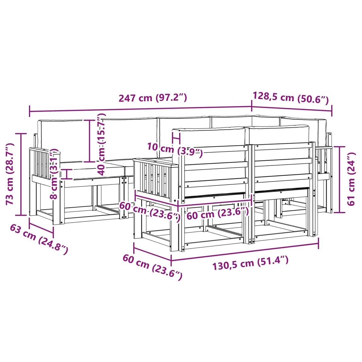 Outdoor Sectional Sofa Set Modern 7 Piece Solid Acacia Wood with Cushions