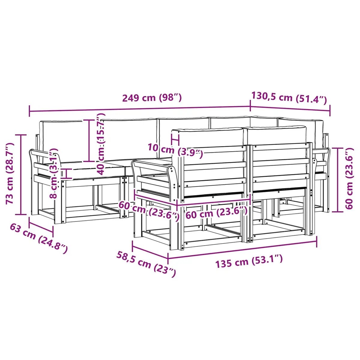 Outdoor Sectional Sofa Set Modular 7 Piece Brown Solid Acacia Wood with Cushions