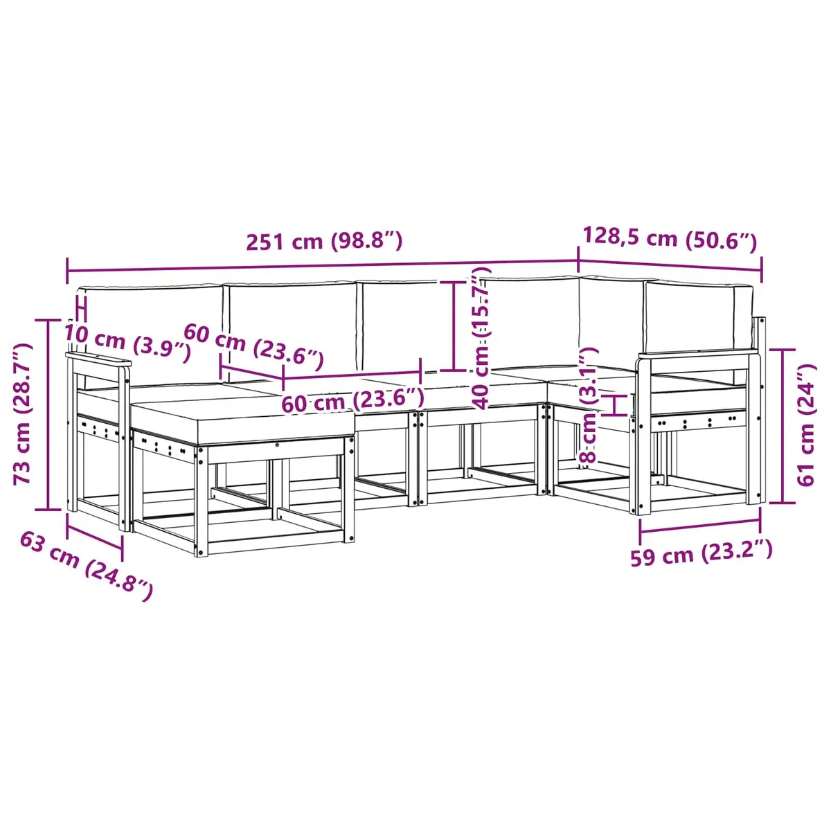Outdoor Sofa Set Modular 6 Piece Natural Solid Acacia Wood with Cushions