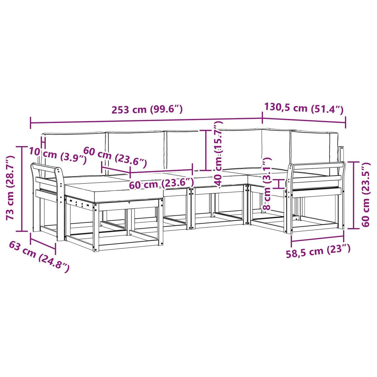 Outdoor Sofa Set Modular Natural Acacia Wood 6 Piece