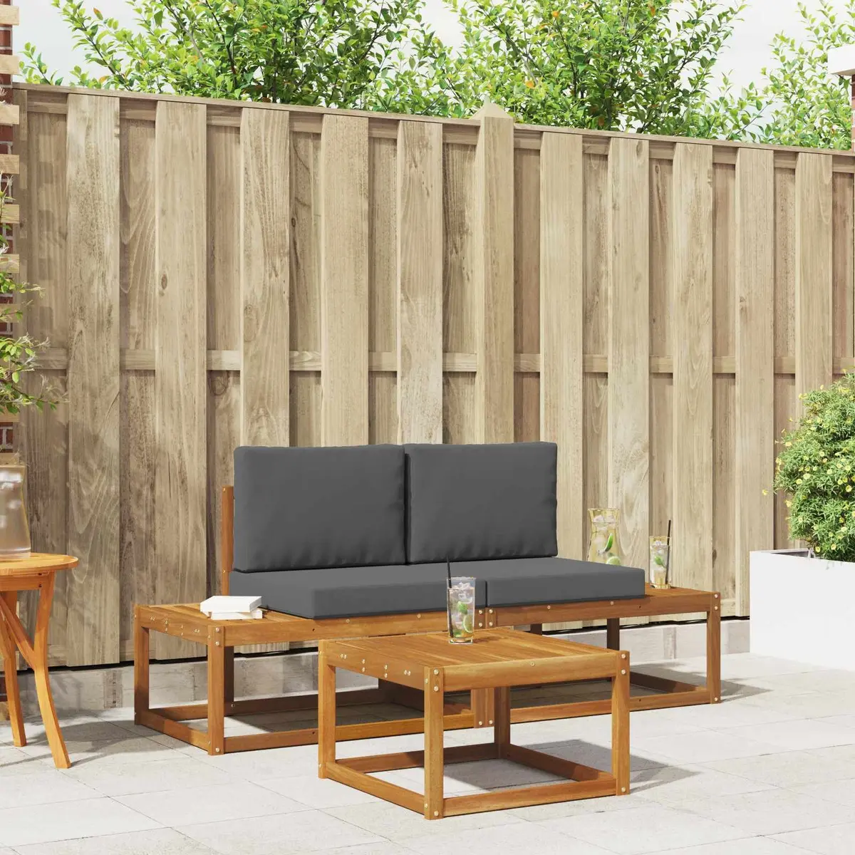Outdoor Sofa Set Brown Acacia Wood 3 Piece Patio Lounge Furniture