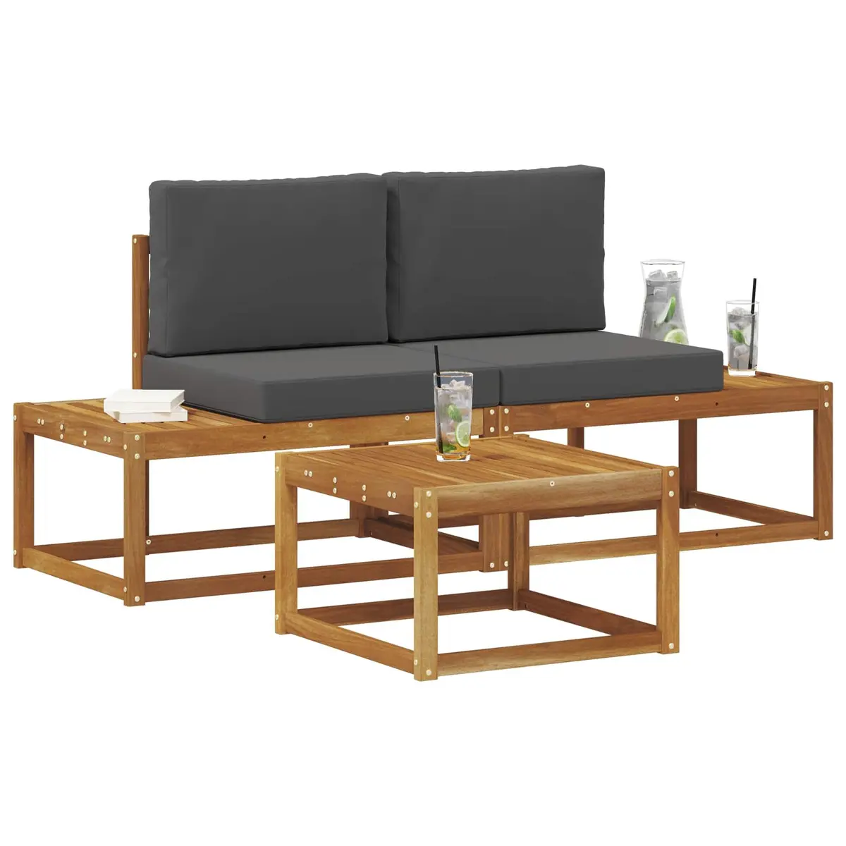Outdoor Sofa Set Brown Acacia Wood 3 Piece Patio Lounge Furniture
