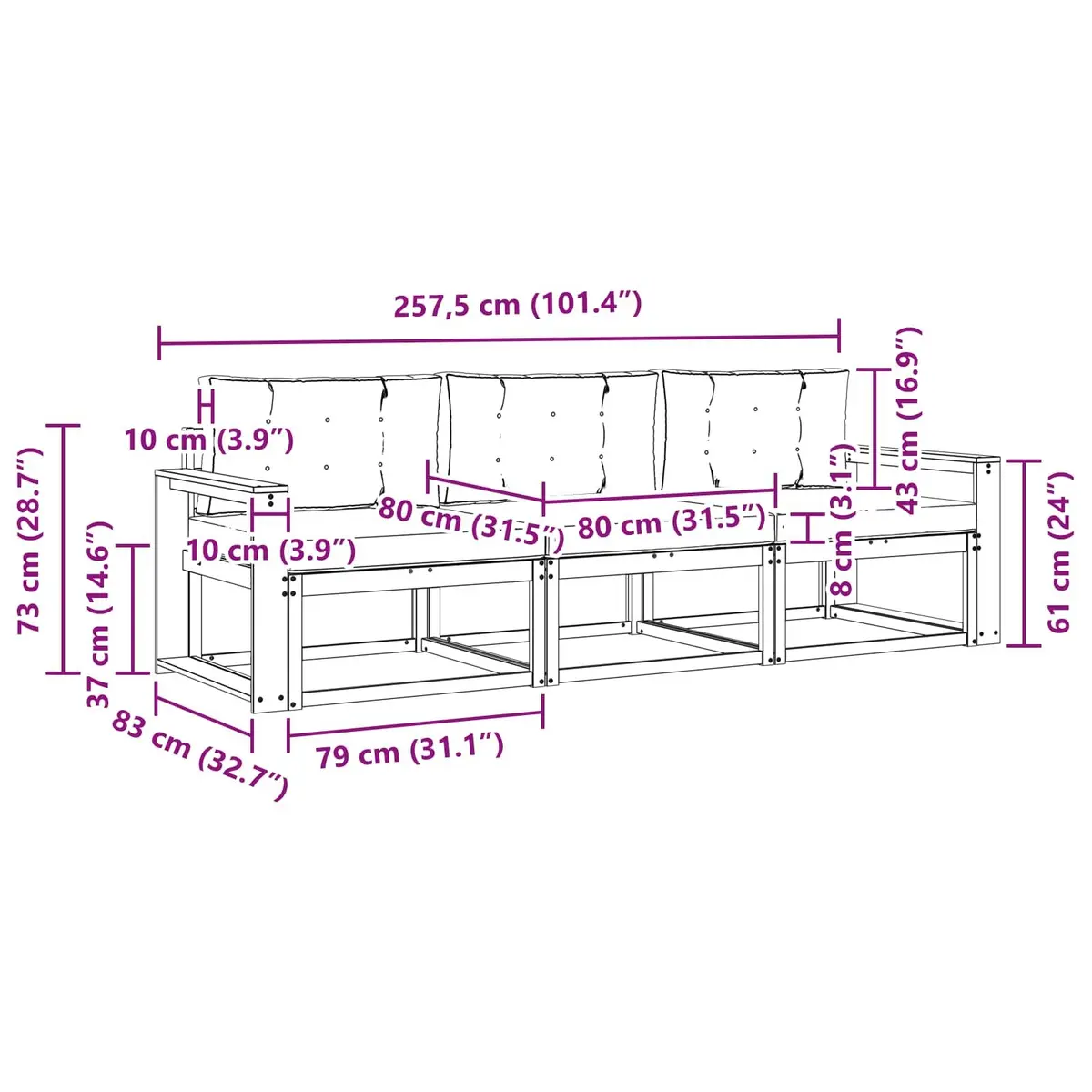 Outdoor Sofa Set Modular Sectional 3 Pcs Brown Solid Acacia Wood