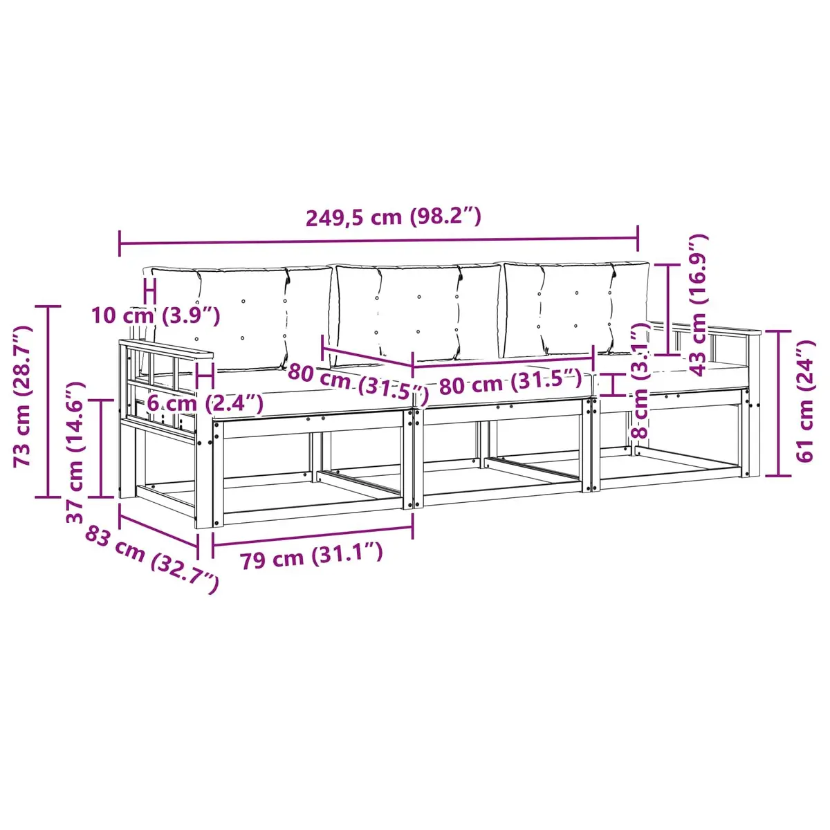 Modular Outdoor Sectional Sofa Set 3 Piece Brown Solid Acacia Wood Garden Patio Furniture