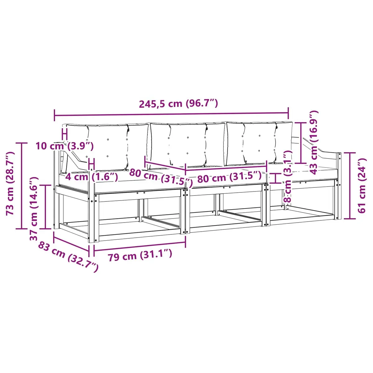 Outdoor Sofa Set Modular Brown 3 Piece Solid Acacia Wood