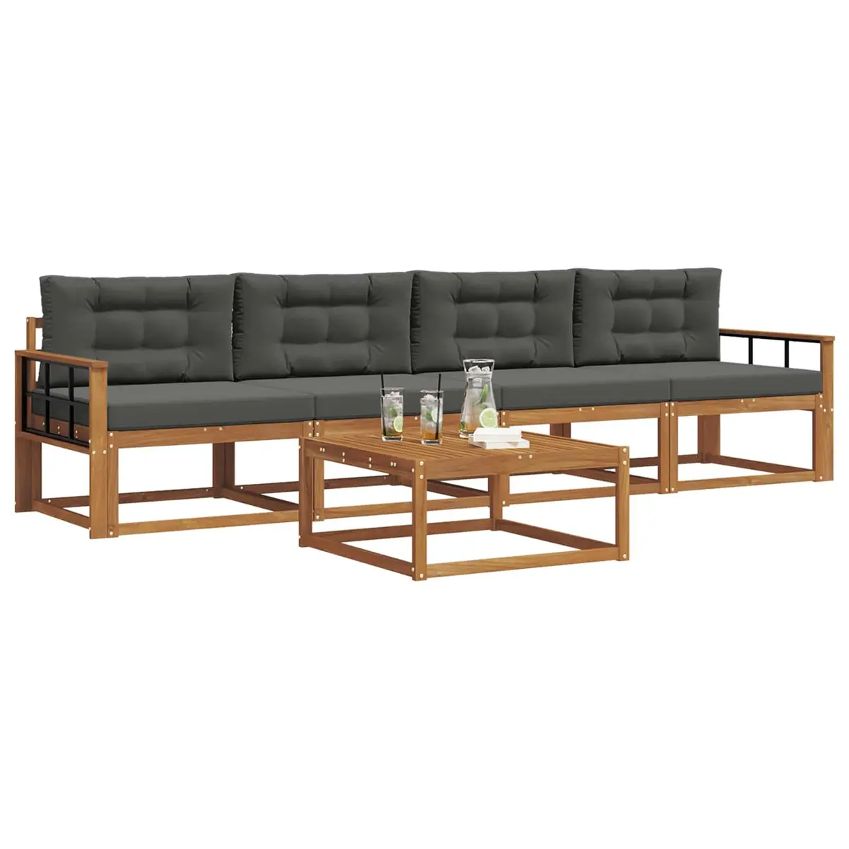 Outdoor Sectional Sofa Set Modern 5 Piece Brown Solid Acacia Wood with Cushions
