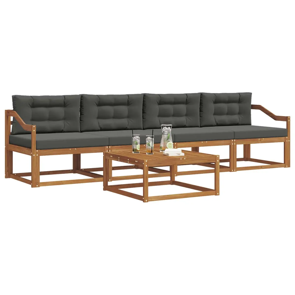 Outdoor Sectional Sofa Set Modern Minimalist 5 Piece Solid Acacia Wood Brown Cushion
