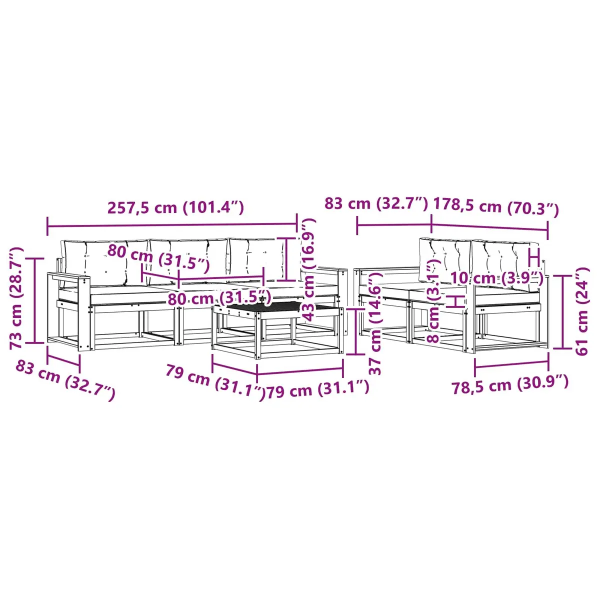Outdoor Sectional Sofa Set Modular 6 Piece Solid Acacia Wood Weather Resistant Garden Patio Furniture
