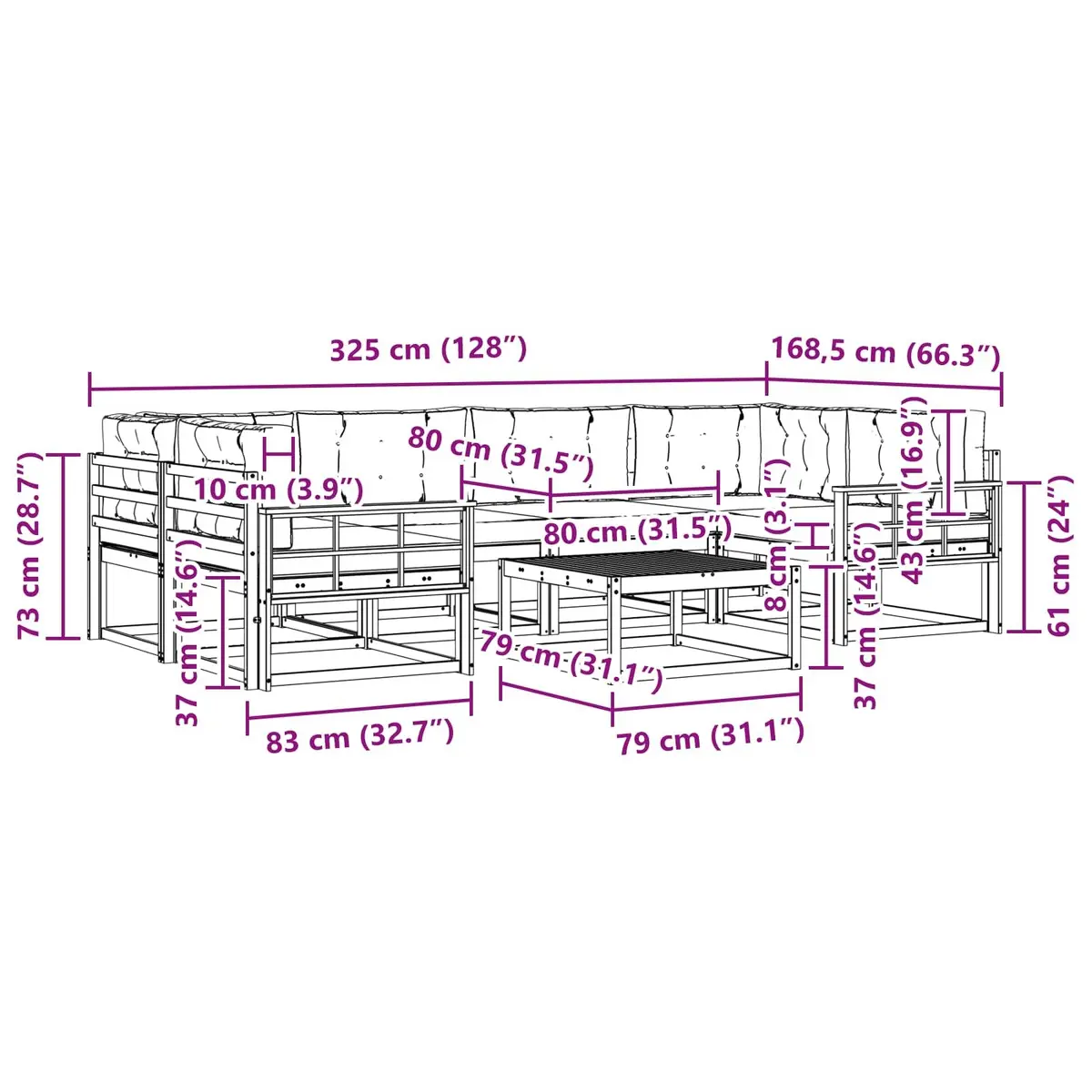 Modular Outdoor Sofa Set 7 Pieces Solid Acacia Wood Patio Garden Furniture Natural Anthracite