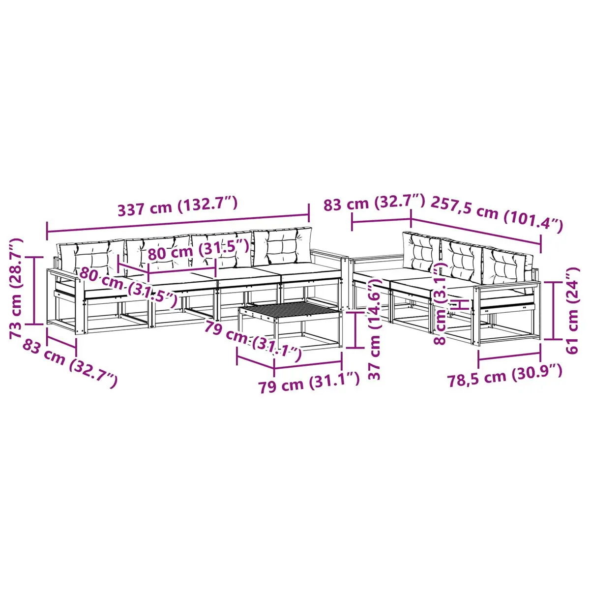 Outdoor Sectional Sofa Set Modular Natural Acacia Wood 8 Piece