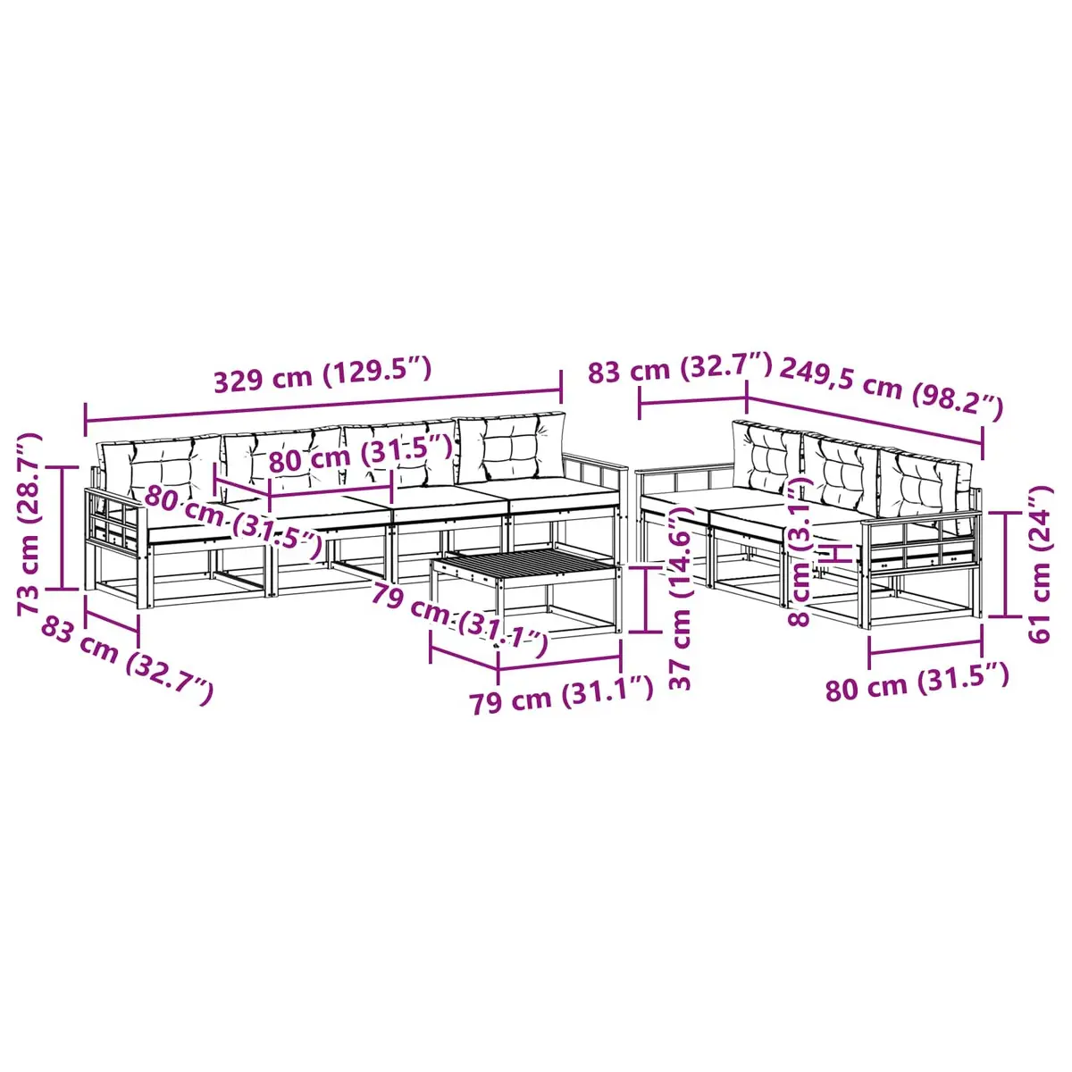 Outdoor Sectional Sofa Set Modular 8 Pieces Natural Acacia Wood