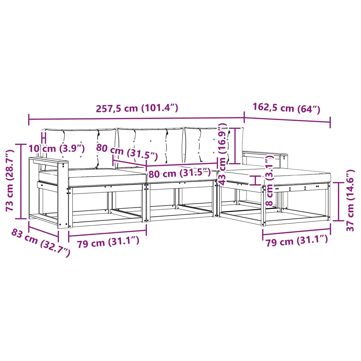 Outdoor Sectional Sofa Set Modular 4 Piece Brown Solid Acacia Wood with Cushions
