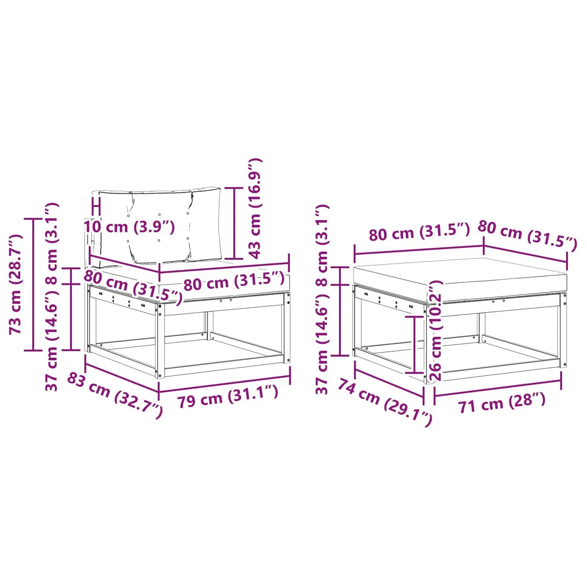 Outdoor Sectional Sofa Set Modular Brown Solid Acacia Wood 4 Piece