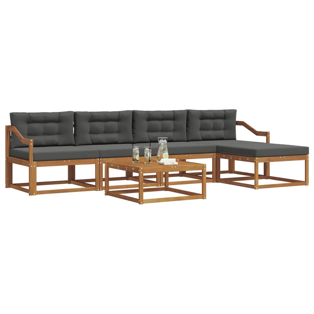 Modular Sectional Sofa Set Brown 6 Piece Solid Acacia Wood Outdoor Garden Patio Furniture with Cushions