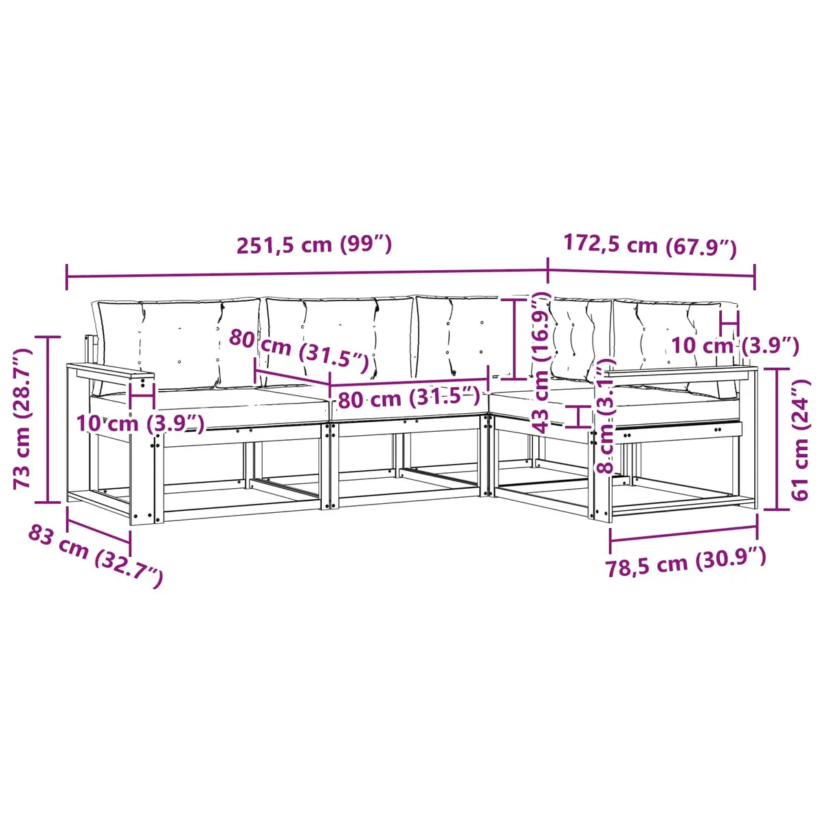 Outdoor Sectional Sofa Set Modular Brown Solid Acacia Wood 4 Piece with Cushions
