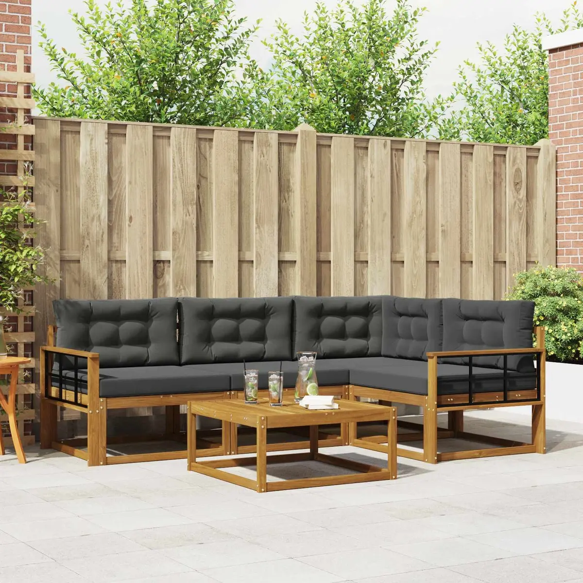 Outdoor Sofa Set Modular Brown 5 Piece Acacia Wood with Cushions