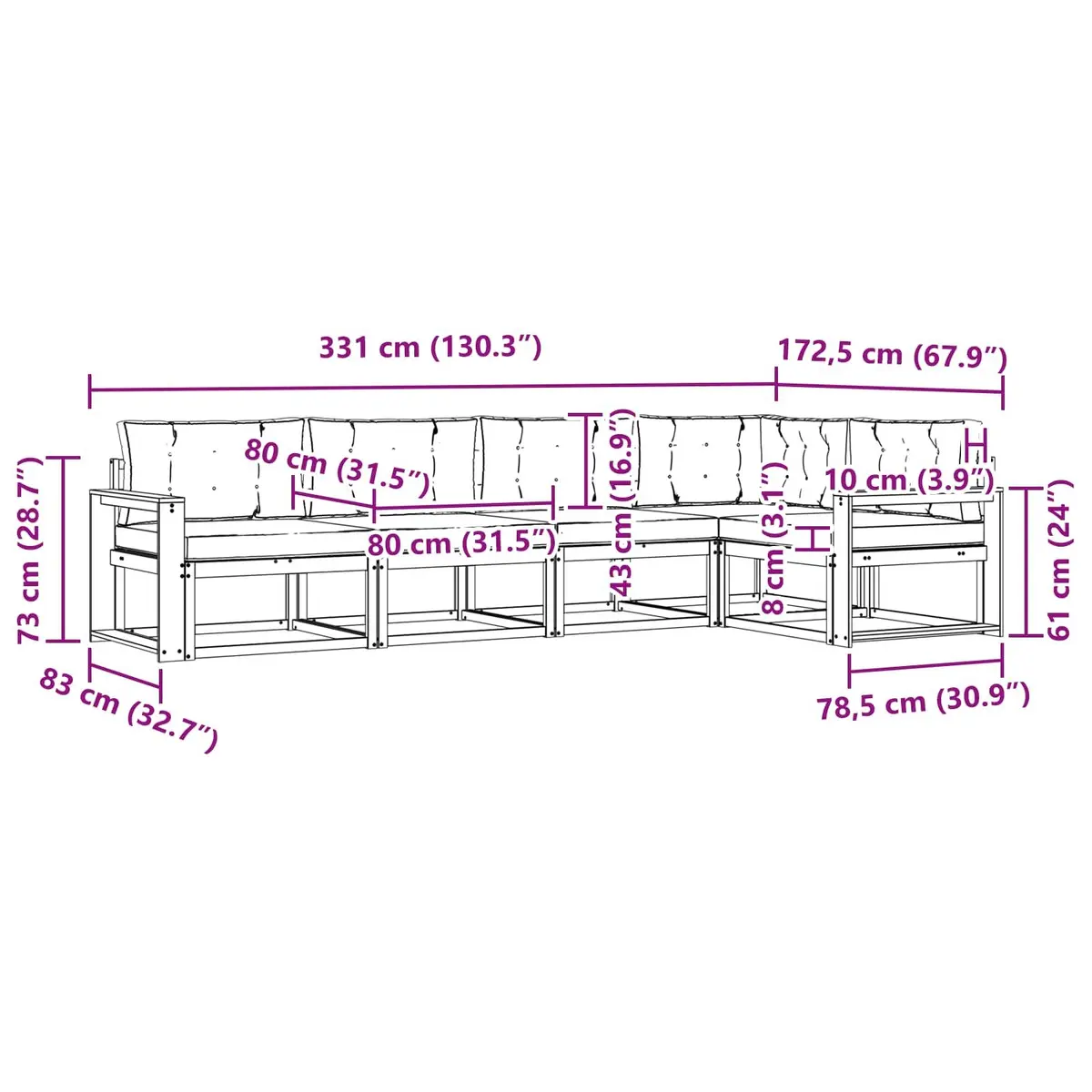 Outdoor Sectional Sofa Set Modular 5 Piece Brown Solid Acacia Wood with Cushions