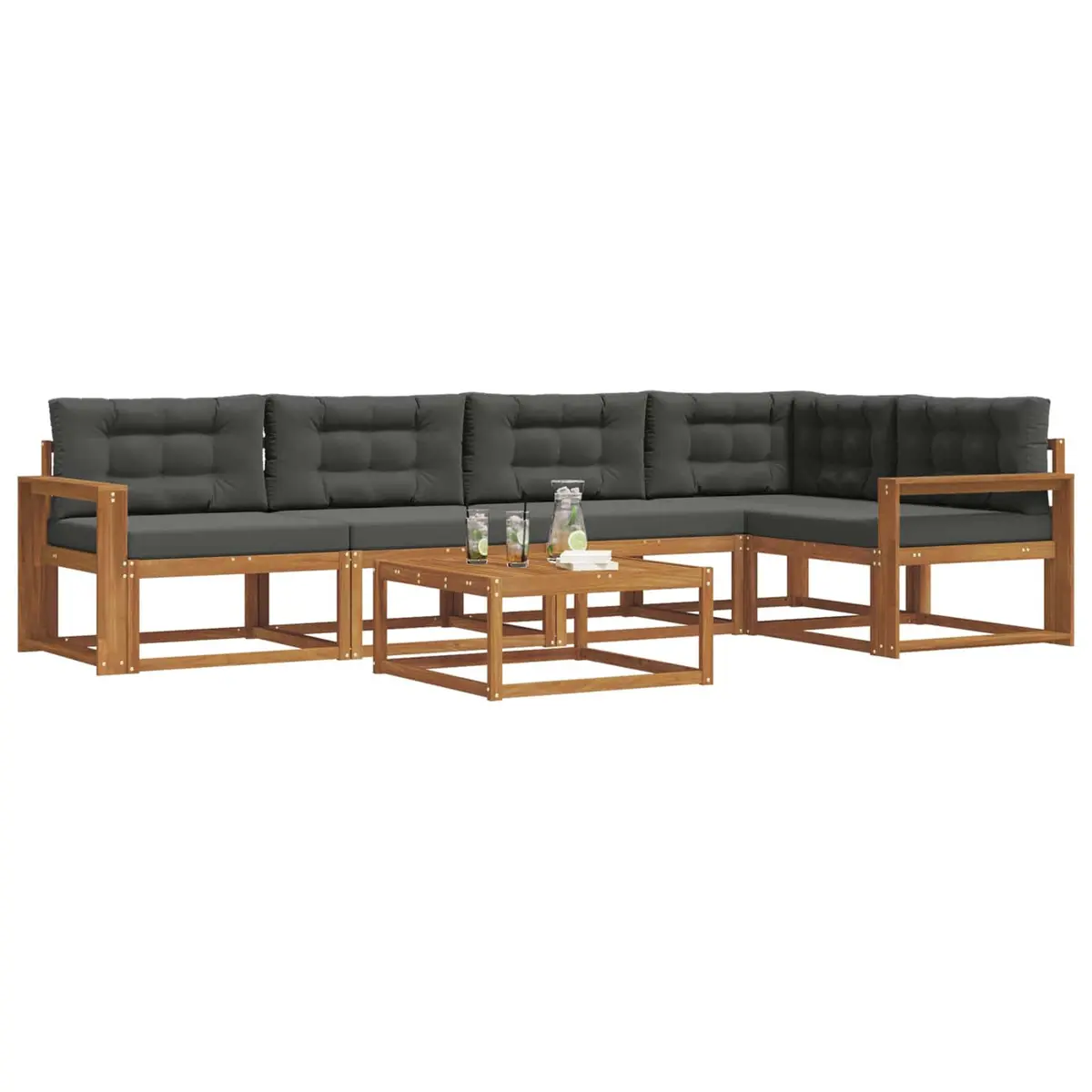 Outdoor Sectional Sofa Set Modular Brown Solid Acacia Wood 6 Piece with Cushions
