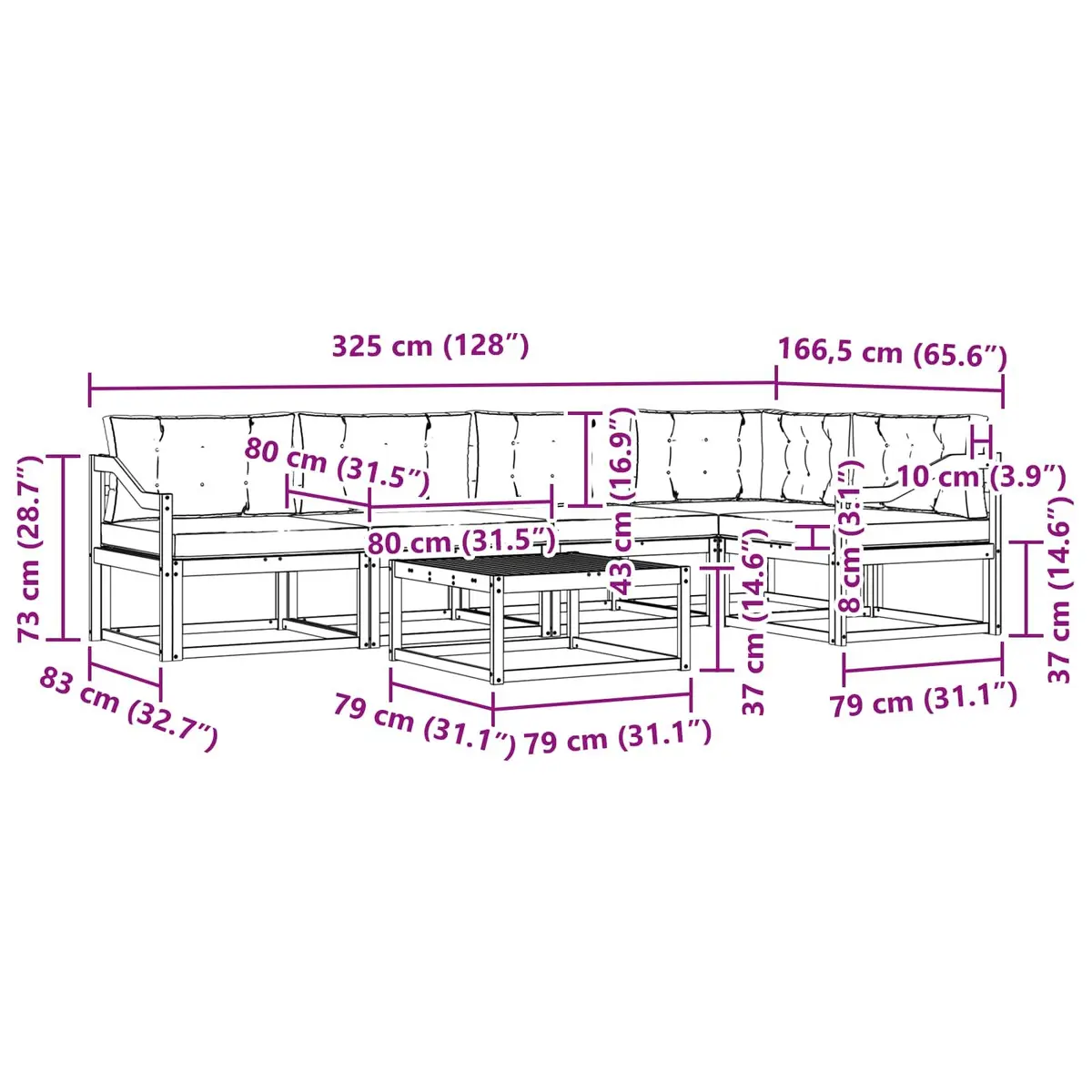 Outdoor Sectional Sofa Set Modern 6 Piece Modular Garden Patio Furniture Solid Acacia Wood
