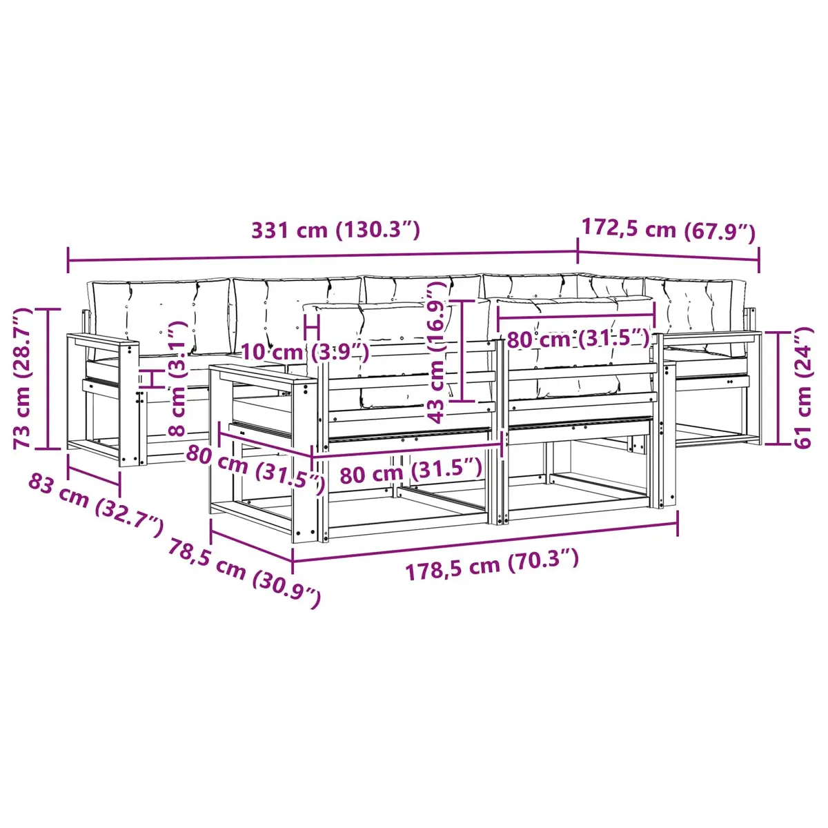 Outdoor Sofa Set Modular Sectional 8 Piece Natural Acacia Wood