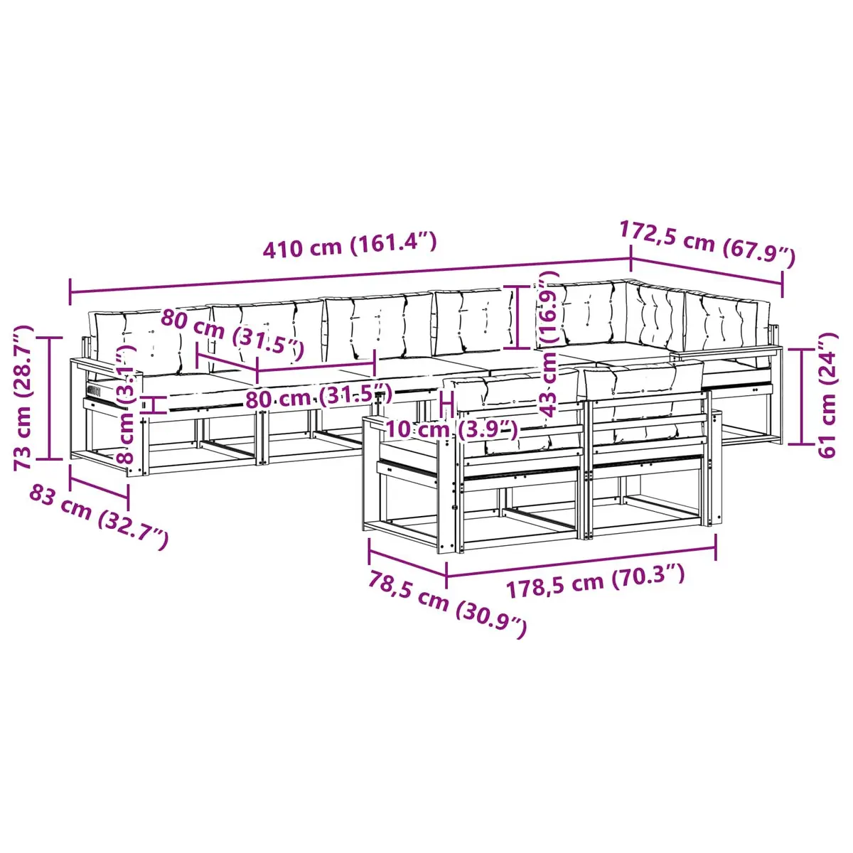Outdoor Sectional Sofa Set Modular 8 Piece Acacia Wood