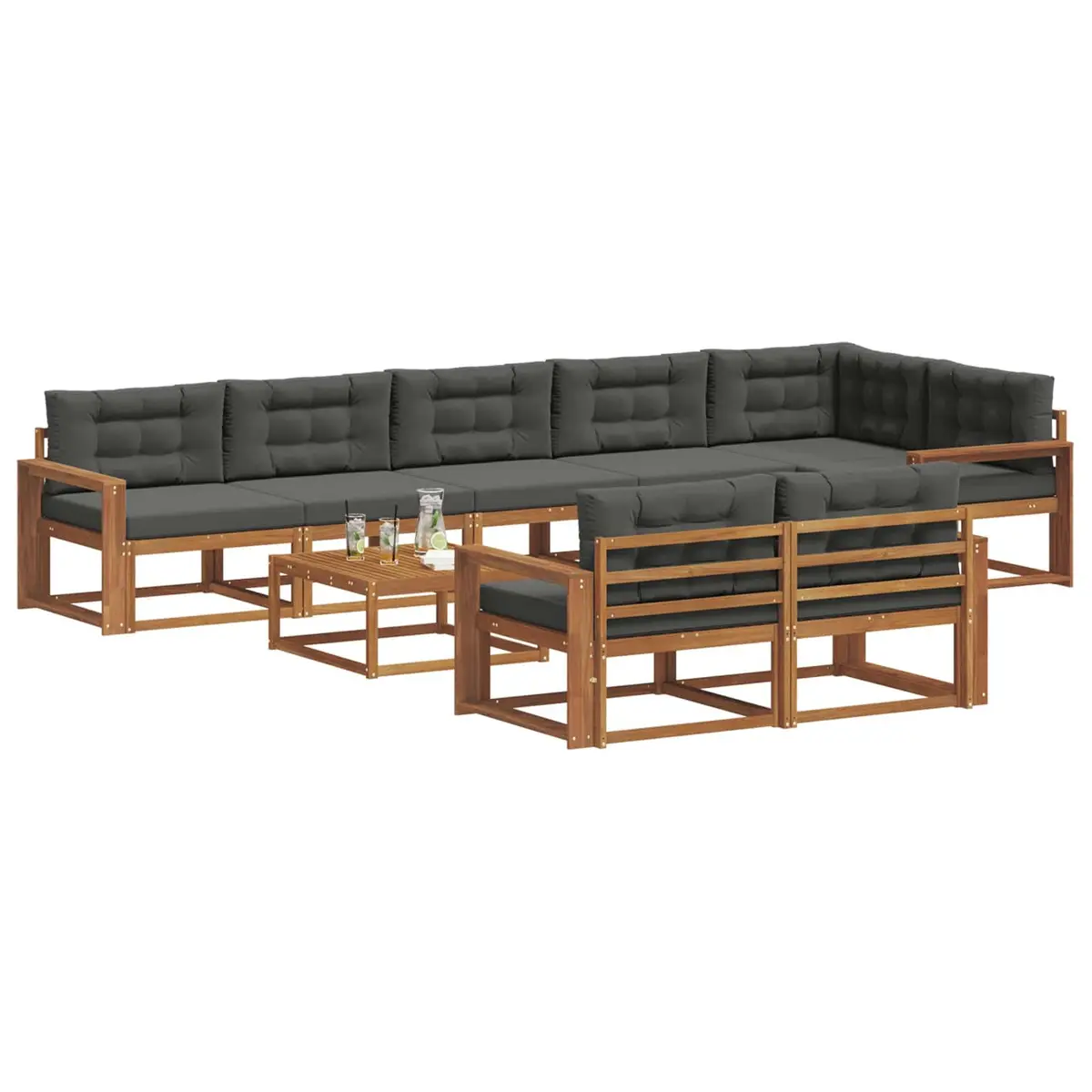 Outdoor Sectional Sofa Set Modular Brown 9 Piece Solid Acacia Wood Garden Patio Furniture with Cushions