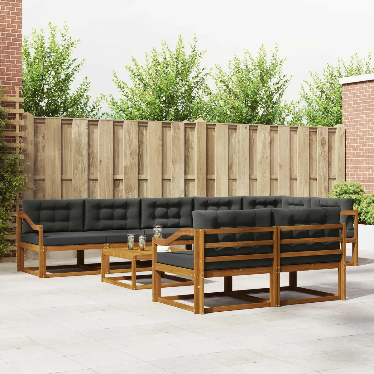Outdoor Sectional Sofa Set Modular Brown and Anthracite 9 Piece Solid Acacia Wood Frame with Cushions