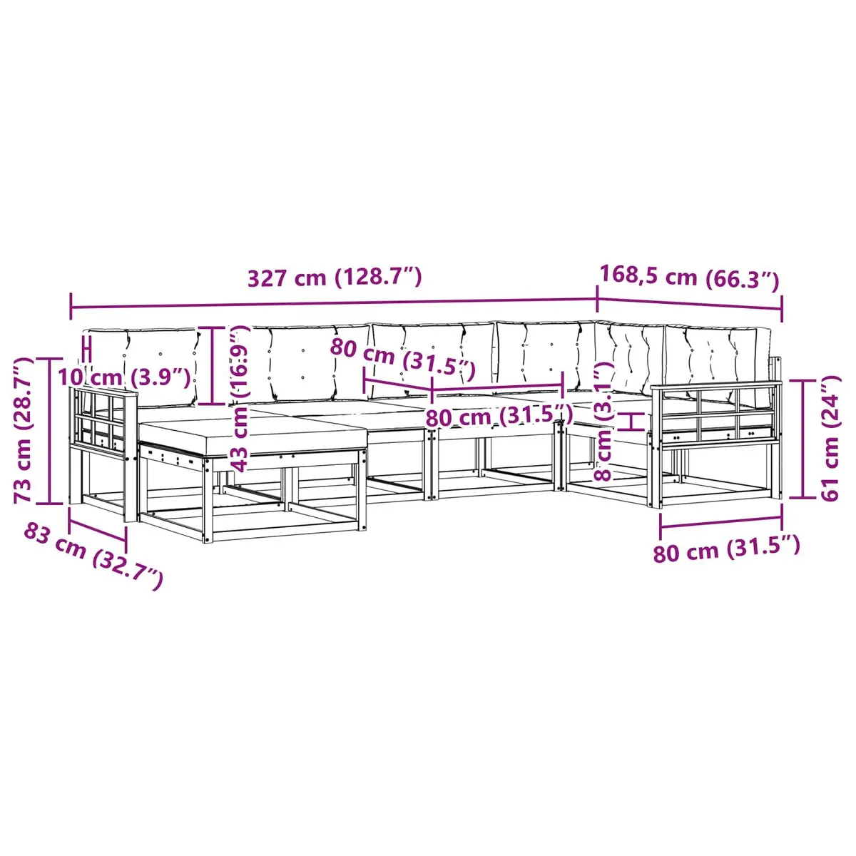 Outdoor Sofa Set Modular 6 Piece Brown Acacia Wood Slatted Frame