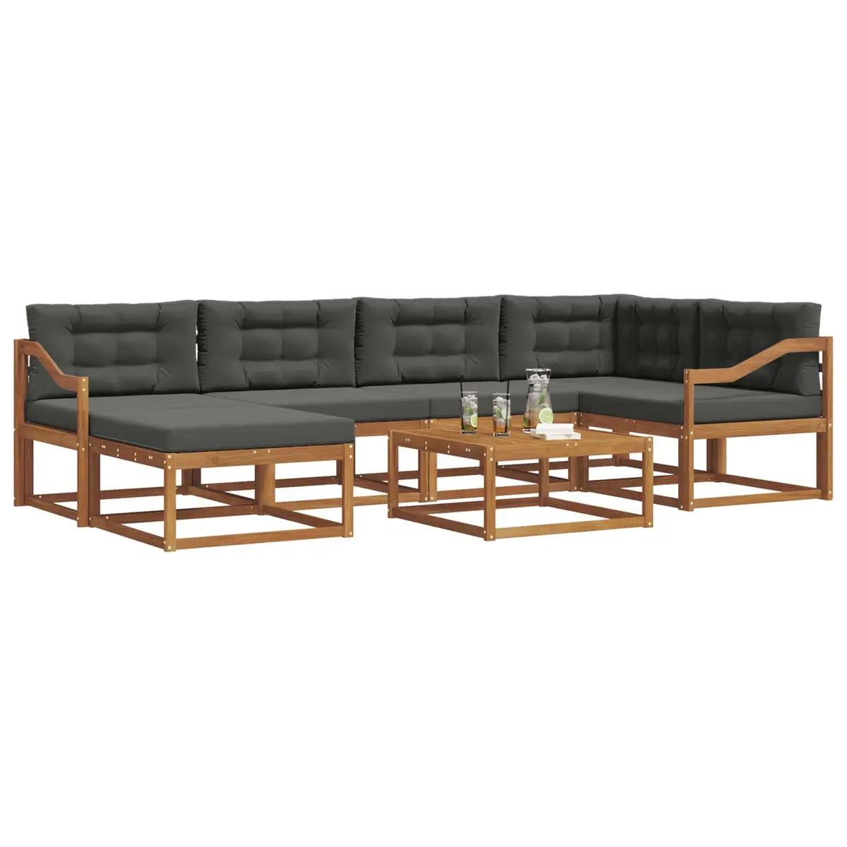 Outdoor Sectional Sofa Set Modular 7 Piece Brown Acacia Wood with Cushions